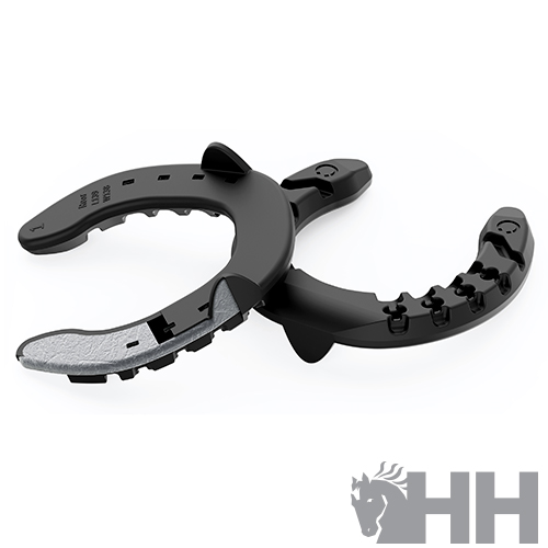 Par de estribos pretos para equitação com base antiderrapante cinzenta e logo HH