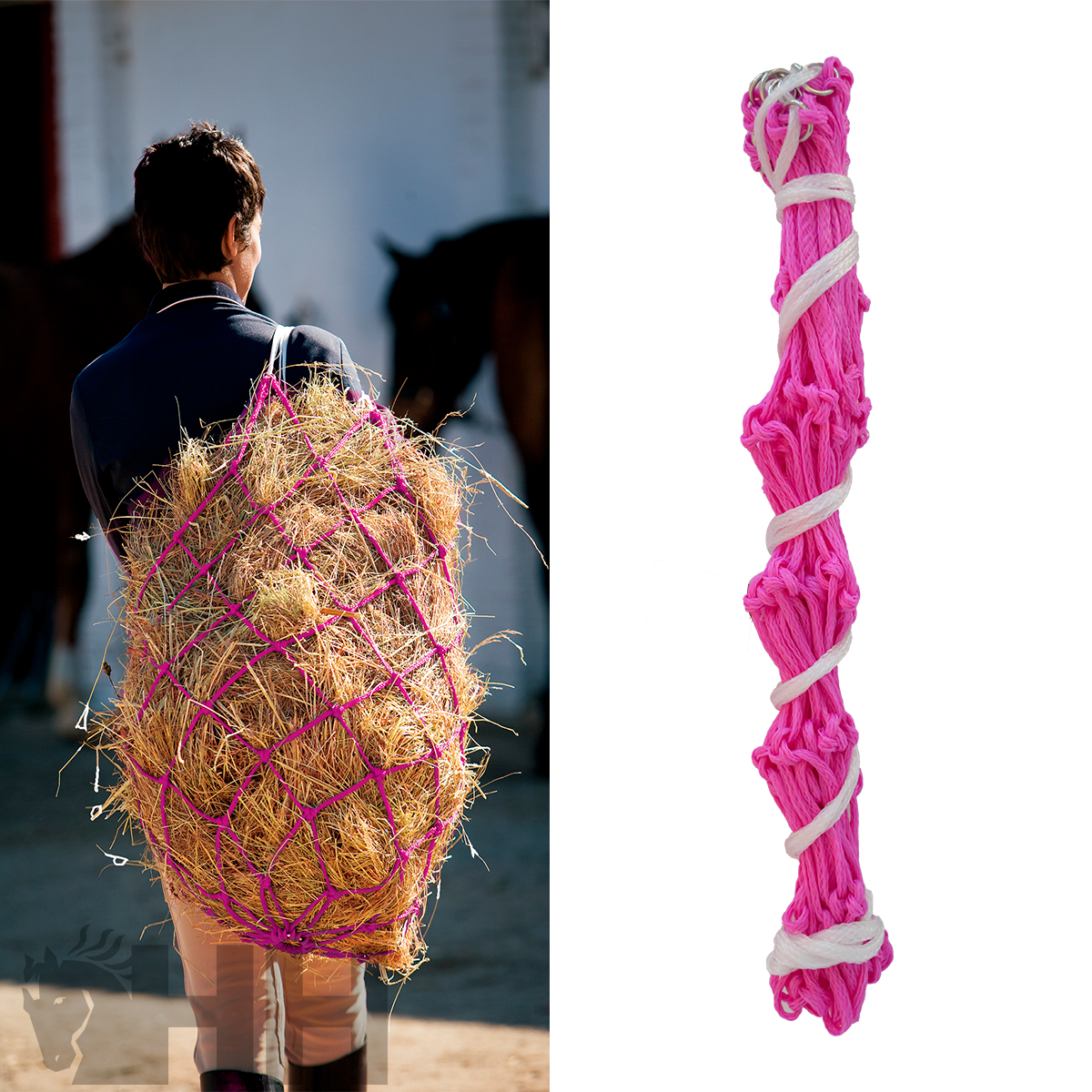 Rede para feno cor-de-rosa com corda branca usada por pessoa