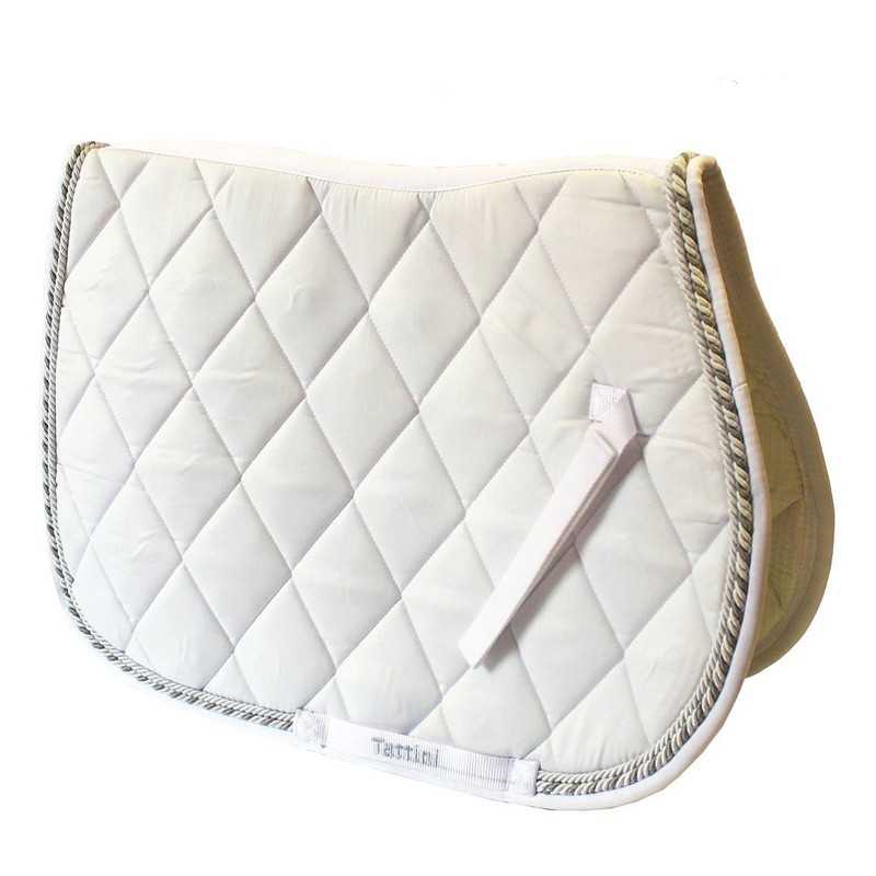 Manta de sela equestre branca acolchoada com cordão prateado e texto Tattini