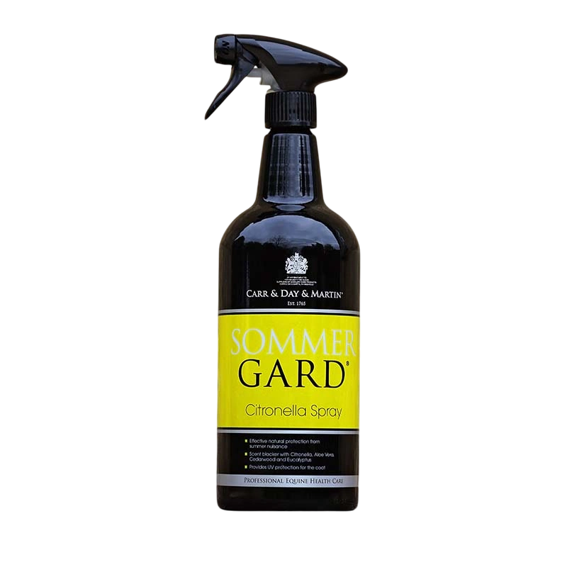 Frasco preto com rótulo amarelo de spray de citronela