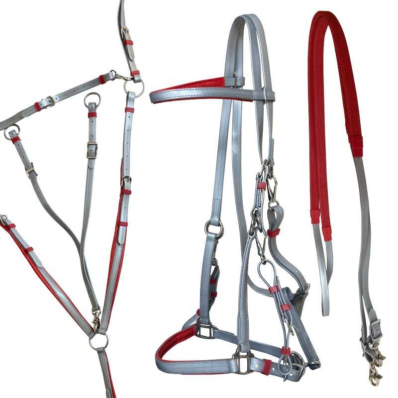 Cabresto, rédea e peitoral para cavalo em nylon cinza e vermelho