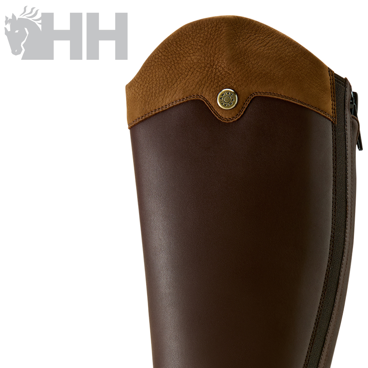Bota alta de couro castanho com topo castanho claro e botão metálico