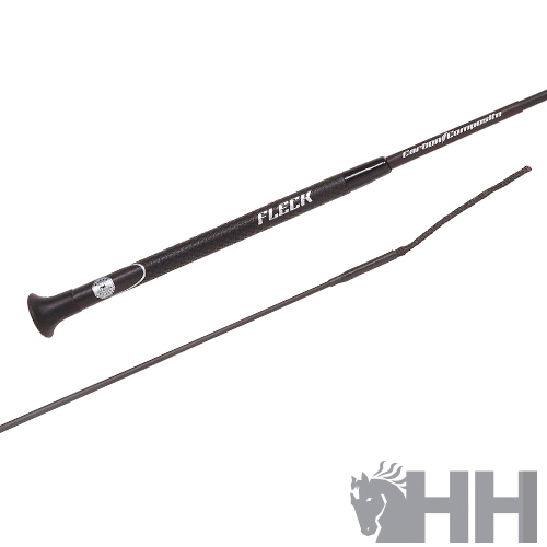 Vara para equitação preta com textura fibra de carbono e texto FLECK visível