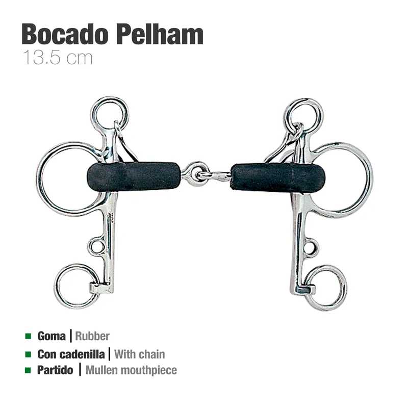 Bocado Pelham de 13,5 cm em metal prateado com borracha preta e texto explicativo