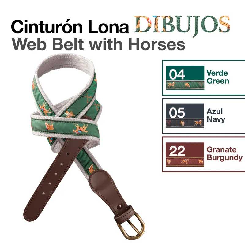 Cinto de lona com desenhos de cavalos e fivela metálica, em várias cores disponíveis