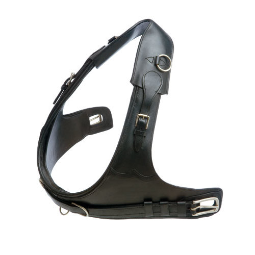 Arreio de couro preto com fivelas metálicas prateadas para cavalos