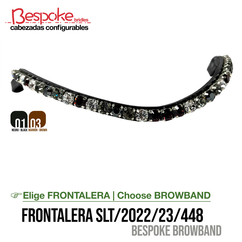 Faixa frontal preta para cabeçada com strass prateados e pretos e texto da marca