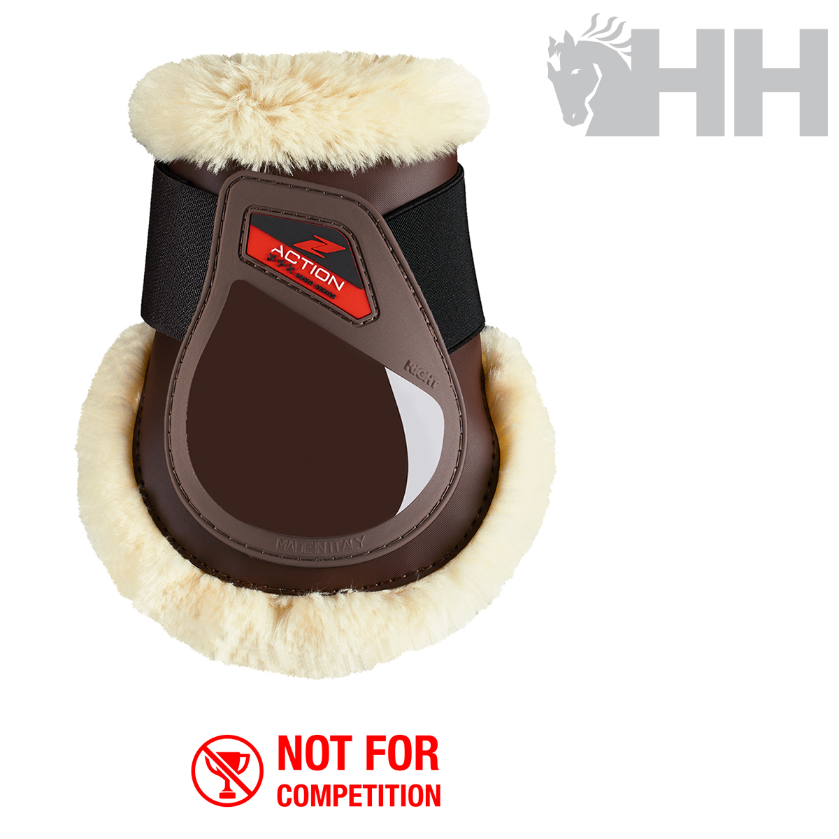 Protecção para cavalo castanha com pele sintética bege e texto 'ACTION' e 'NOT FOR COMPETITION'