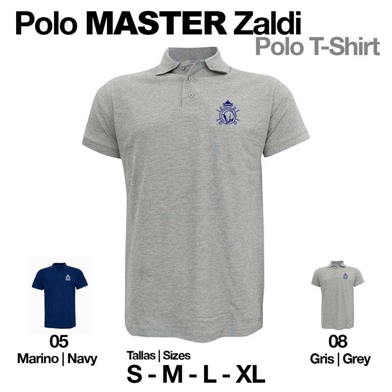 Polo MASTER Zaldi cinza e azul com logo, tamanhos S a XL