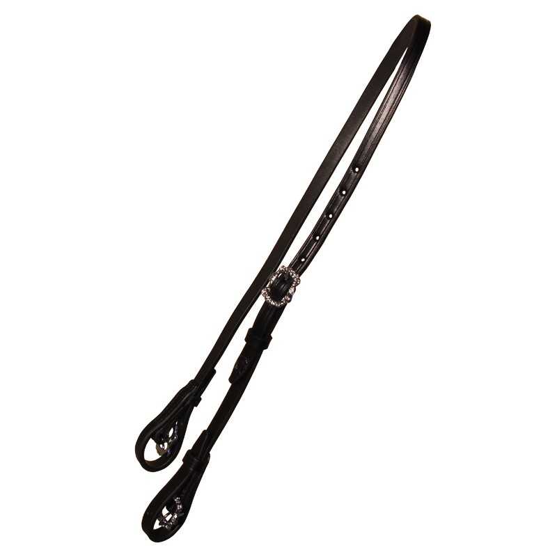 Correia ou cinta em couro preto com fivela e extremidades ovais com recortes.