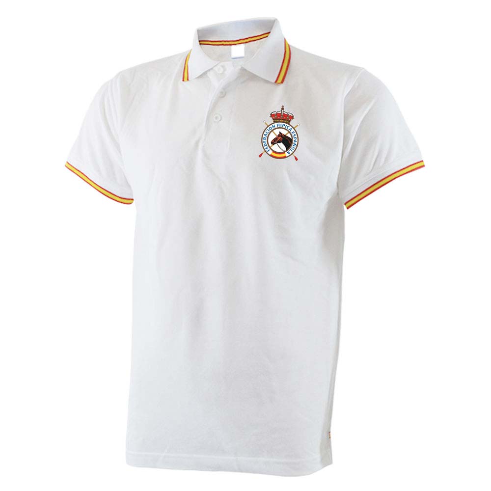 Polo branco com bordado e riscas vermelhas e amarelas na gola e mangas.
