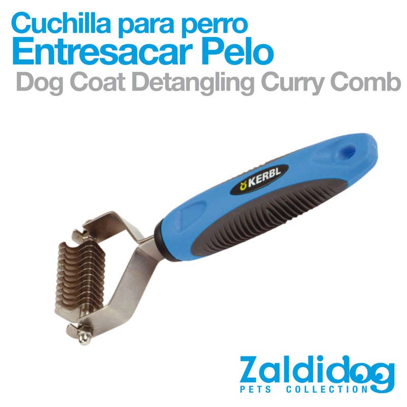 Pente desembaraçador de pelo para cães com cabo azul e preto