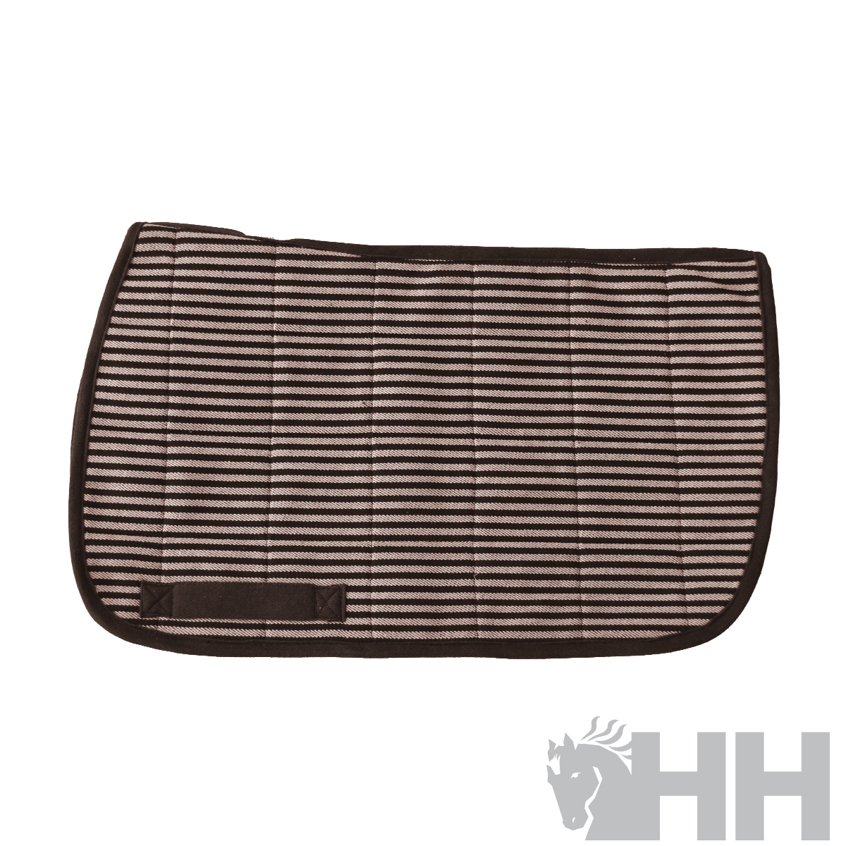 Sela para cavalo riscada em marrom e bege com bordas castanho escuras e logotipo HH