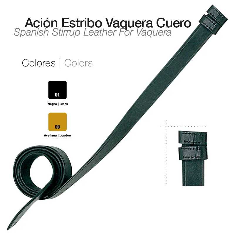 Correia de couro para estribo Vaquera em preto e castanho dourado com fivela