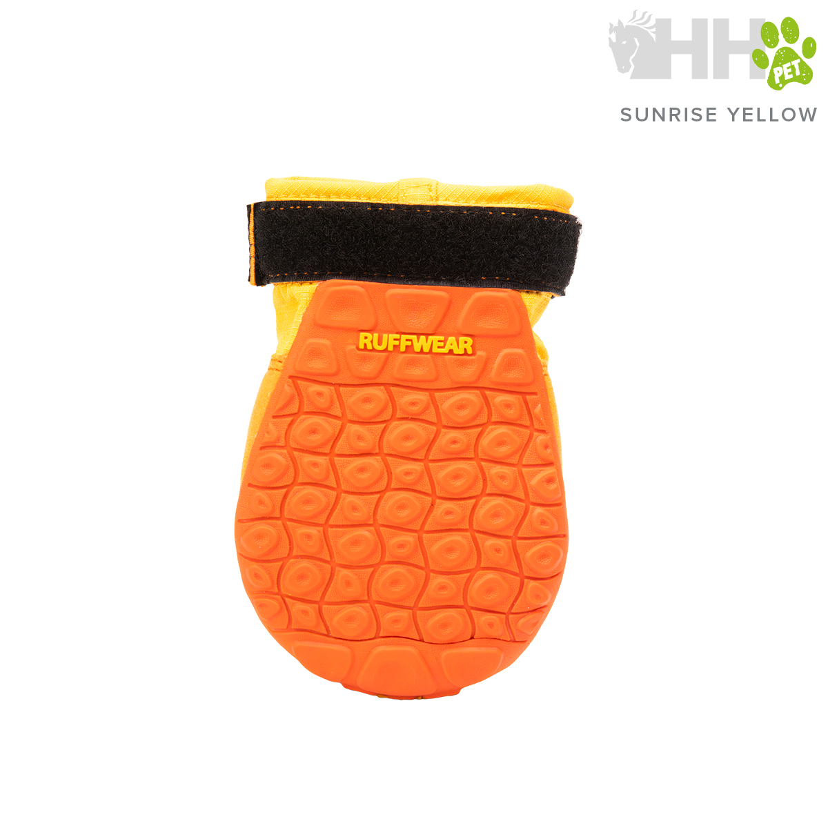 Luva para patas de cão amarela com sola laranja texturada e fecho de velcro preto