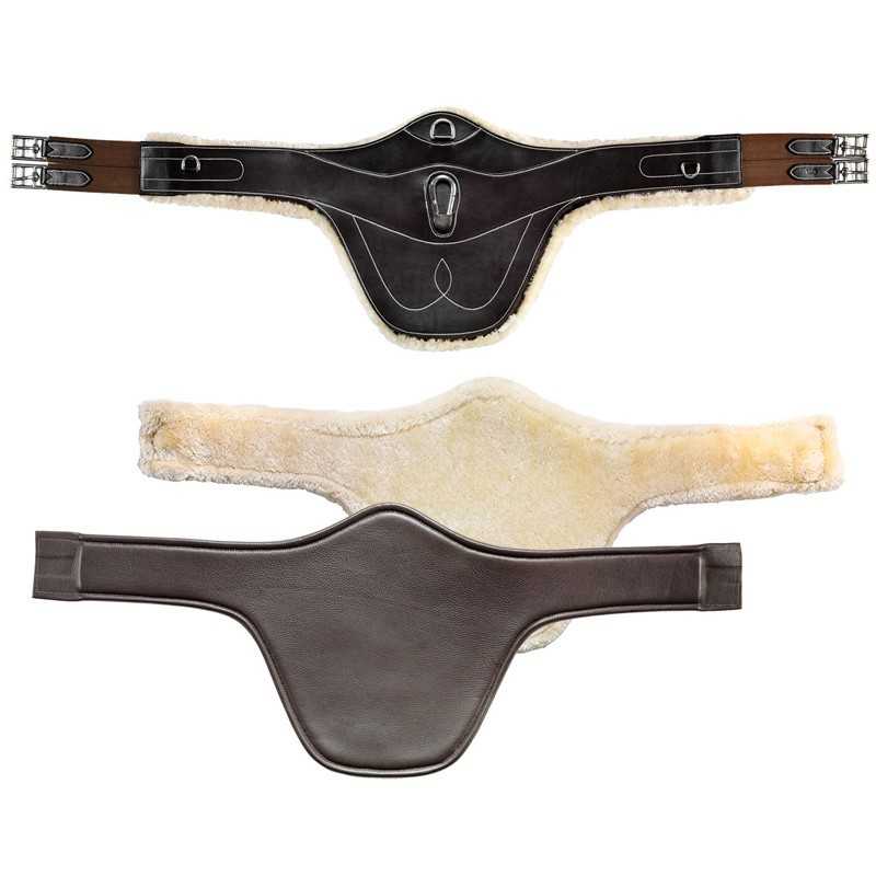 Três protetores de selim para cavalo em couro preto e pêlo sintético bege