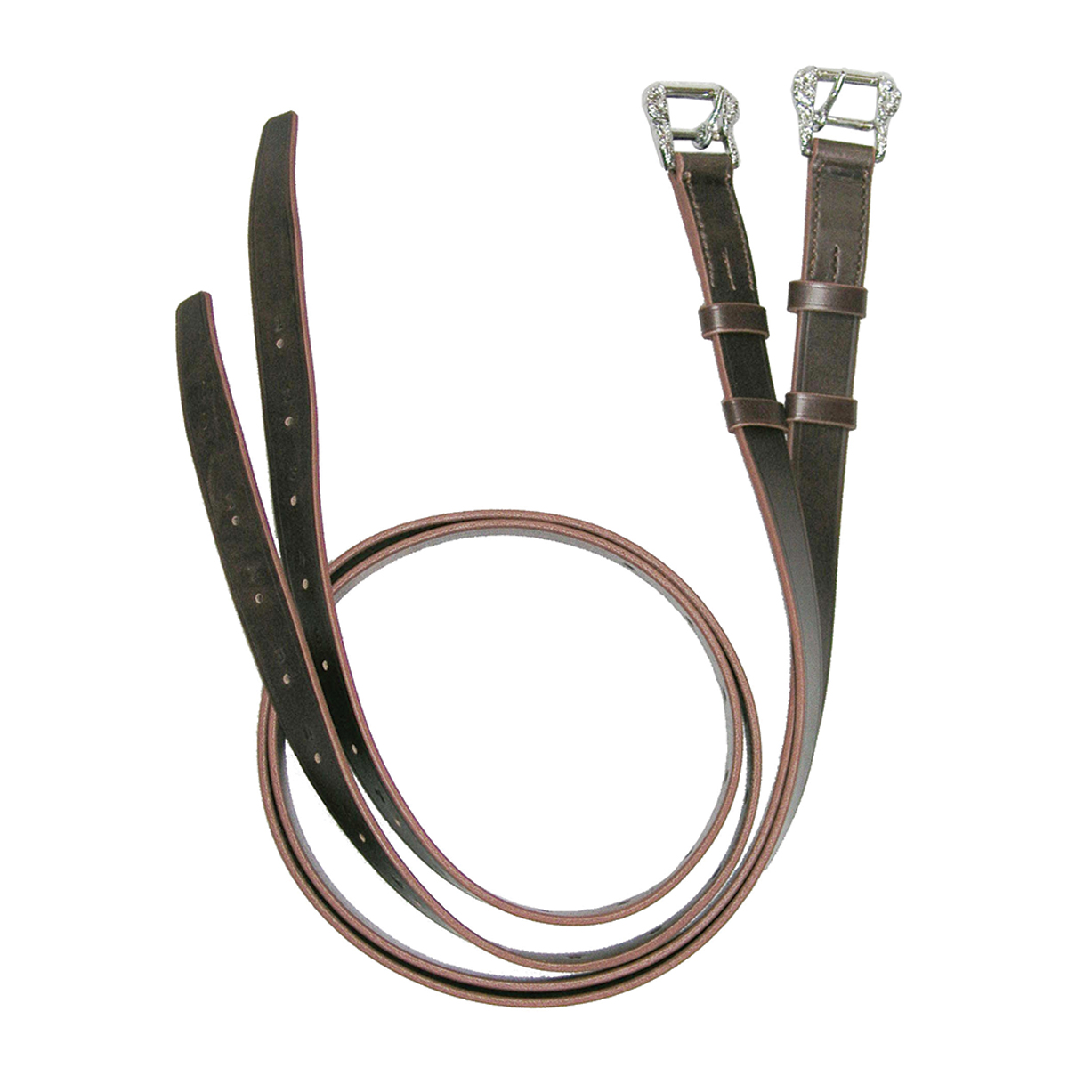 Par de rédeas de cavalo em pele castanha com fivelas metálicas prateadas