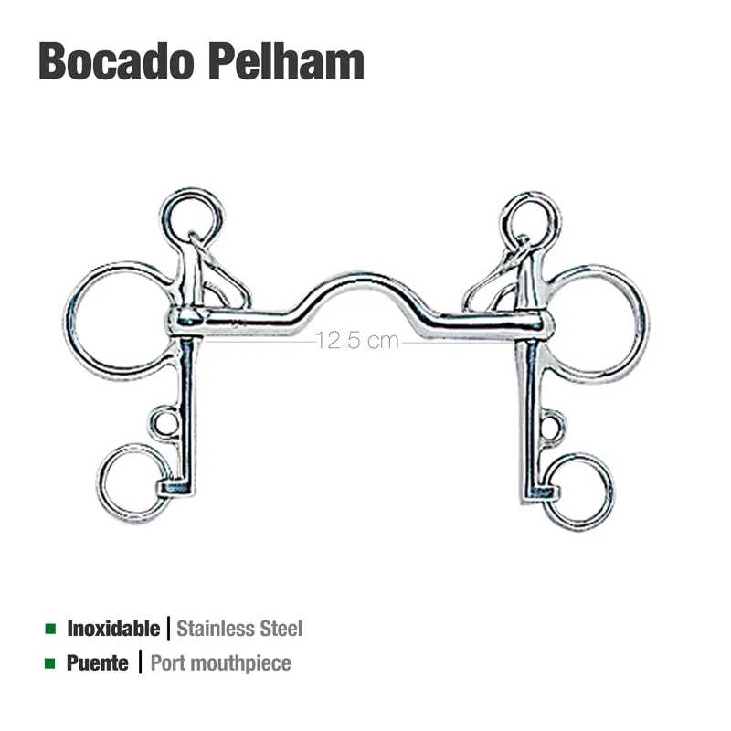 Bocado Pelham em aço inoxidável com argolas e barras verticais de 12.5 cm