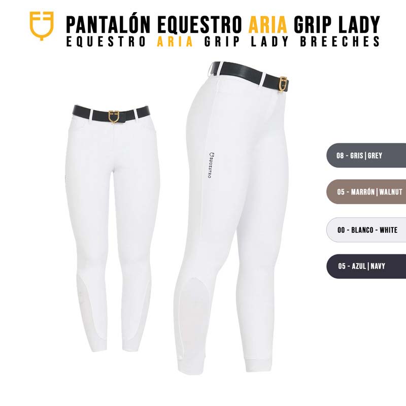 Calças de equitação brancas com cinto preto e fivela dourada, texto PANTALÓN EQUESTRO ARIA GRIP LADY