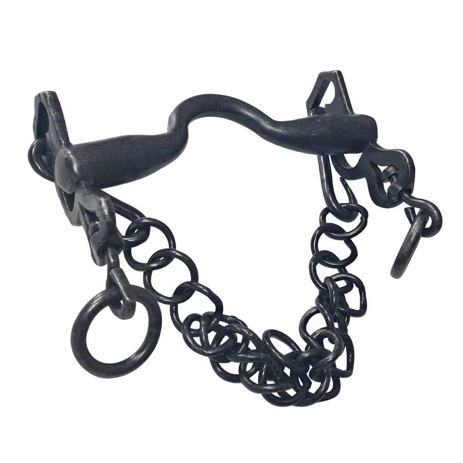 Freio de metal preto com anéis e corrente em fundo branco