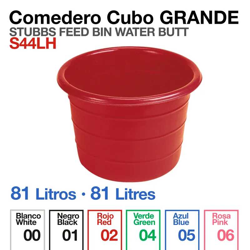 Comedero cubo grande vermelho de plástico de 81 litros com texto e tabela de cores