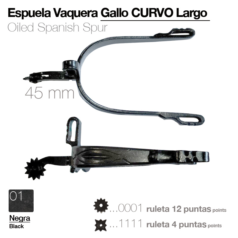 Espora vaqueira curva longa de aço oleado preta com ruletas de 12 e 4 pontas e texto explicativo