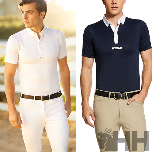 Camisas polo masculinas branca e azul escuro com detalhes contrastantes e cintos pretos