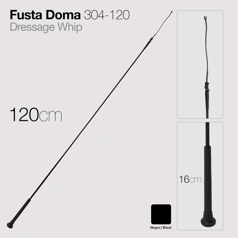 Fusta Doma dressage whip preta de 120 cm com pega texturizada e cordão trançado no topo