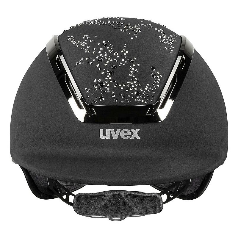 Capacete de proteção preto com elementos brilhantes e marca uvex