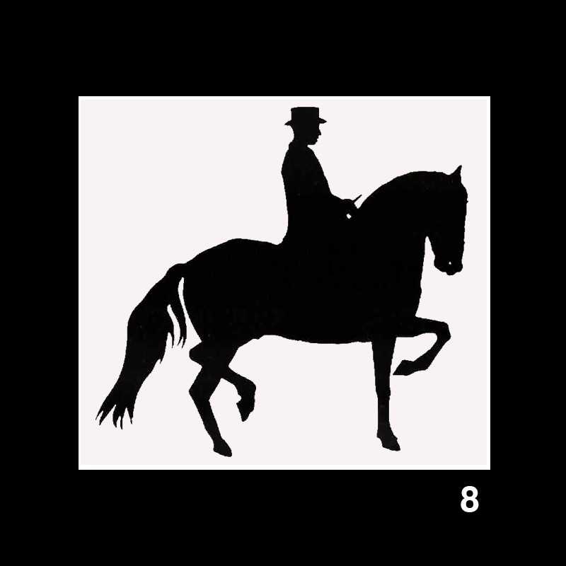 Silhueta preto de cavaleiro com chapéu a cavalo, fundo branco