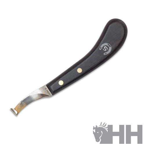 Ferramenta com cabo de madeira escura e lâmina curva metal