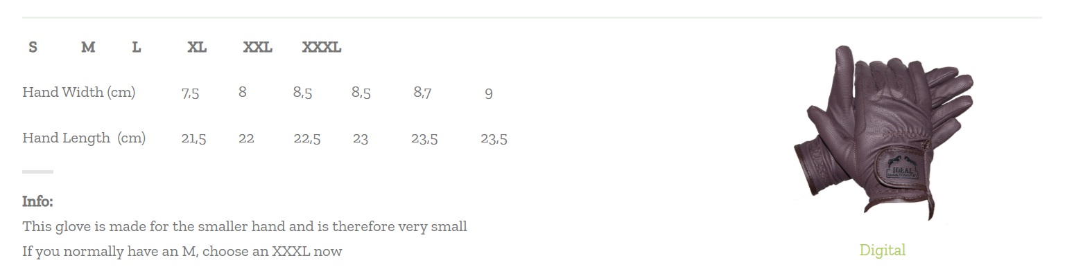 Luva digital de moto castanha com proteção, em fundo branco e tabela de tamanhos.