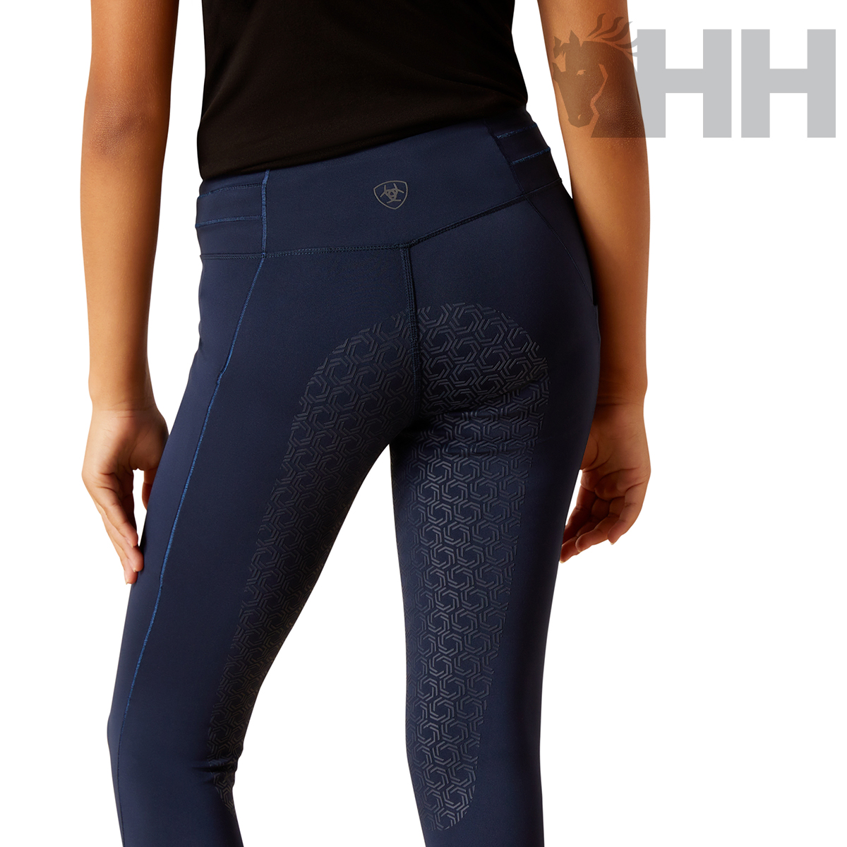 Calças de equitação azuis com textura antiderrapante e logótipo na cintura