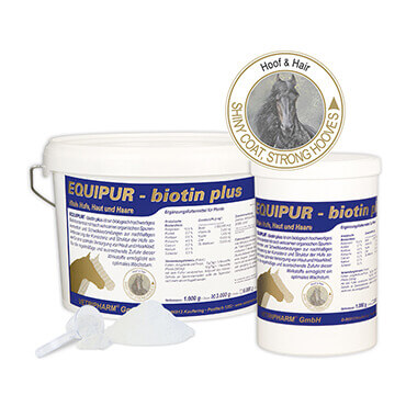 Suplemento EQUIPUR biotin plus para cavalos em recipientes brancos com rótulo azul e amarelo