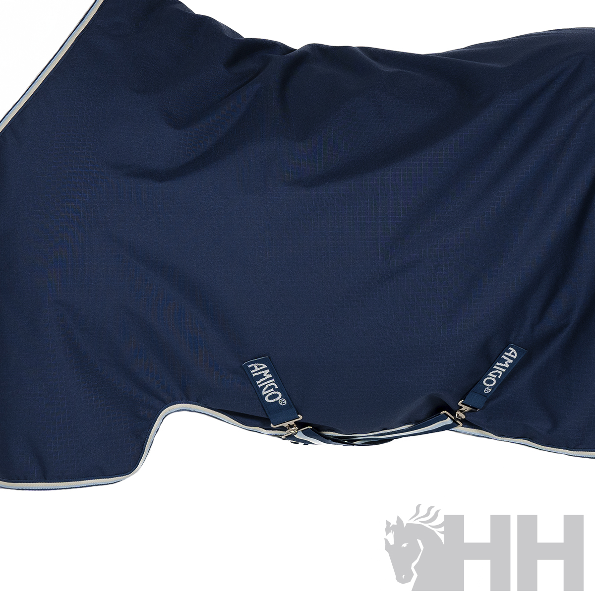 Cobertor para cavalo azul escuro com textura quadriculada e etiquetas AMIGO