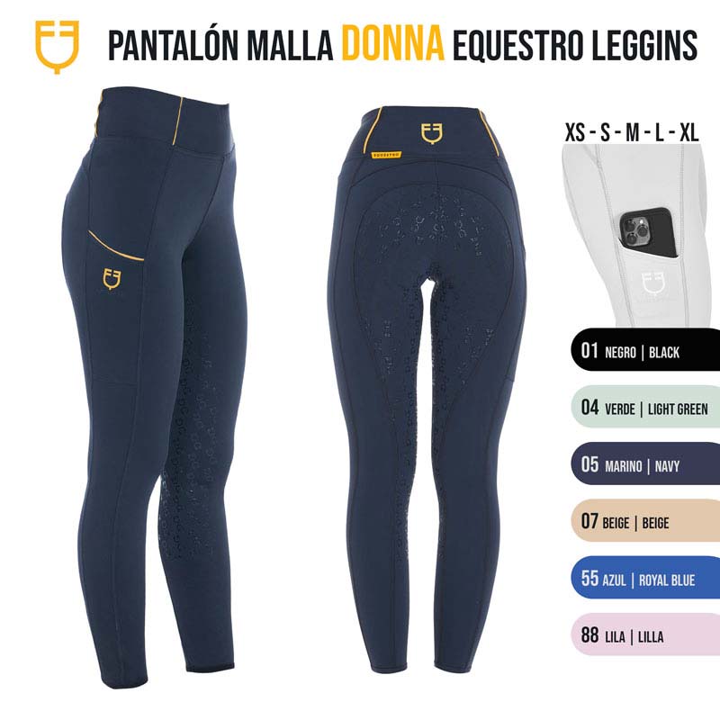 Leggings de equitação Donna pretas com detalhes amarelos e textura antiderrapante, vários tamanhos e cores
