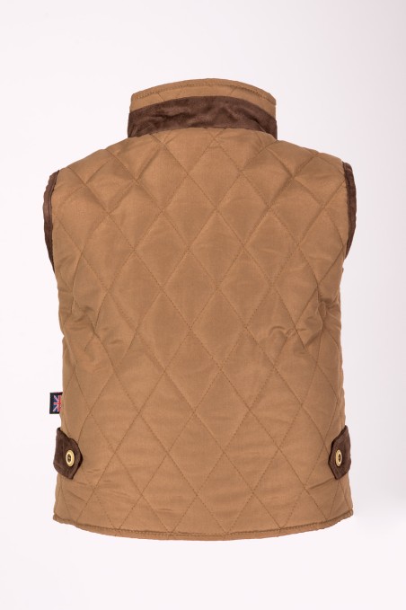Colete acolchoado bege com detalhes marrons e padrão em losangos