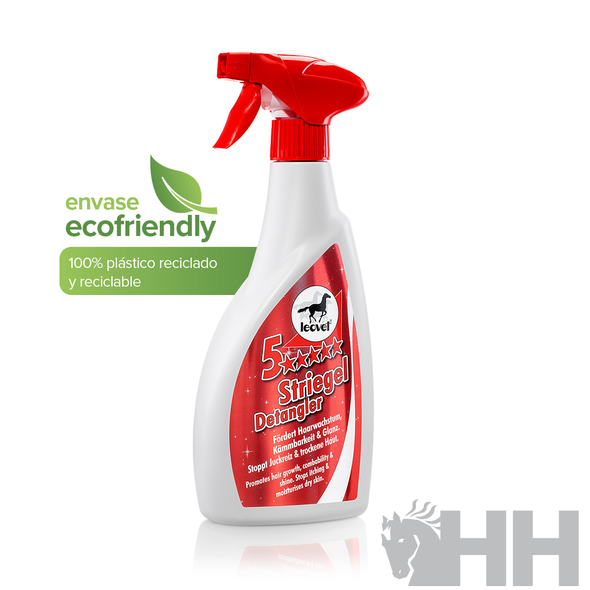 Frasco pulverizador branco com tampa vermelha de produto para cavalos Leovet 5 Star Striegel Detangler ecofriendly