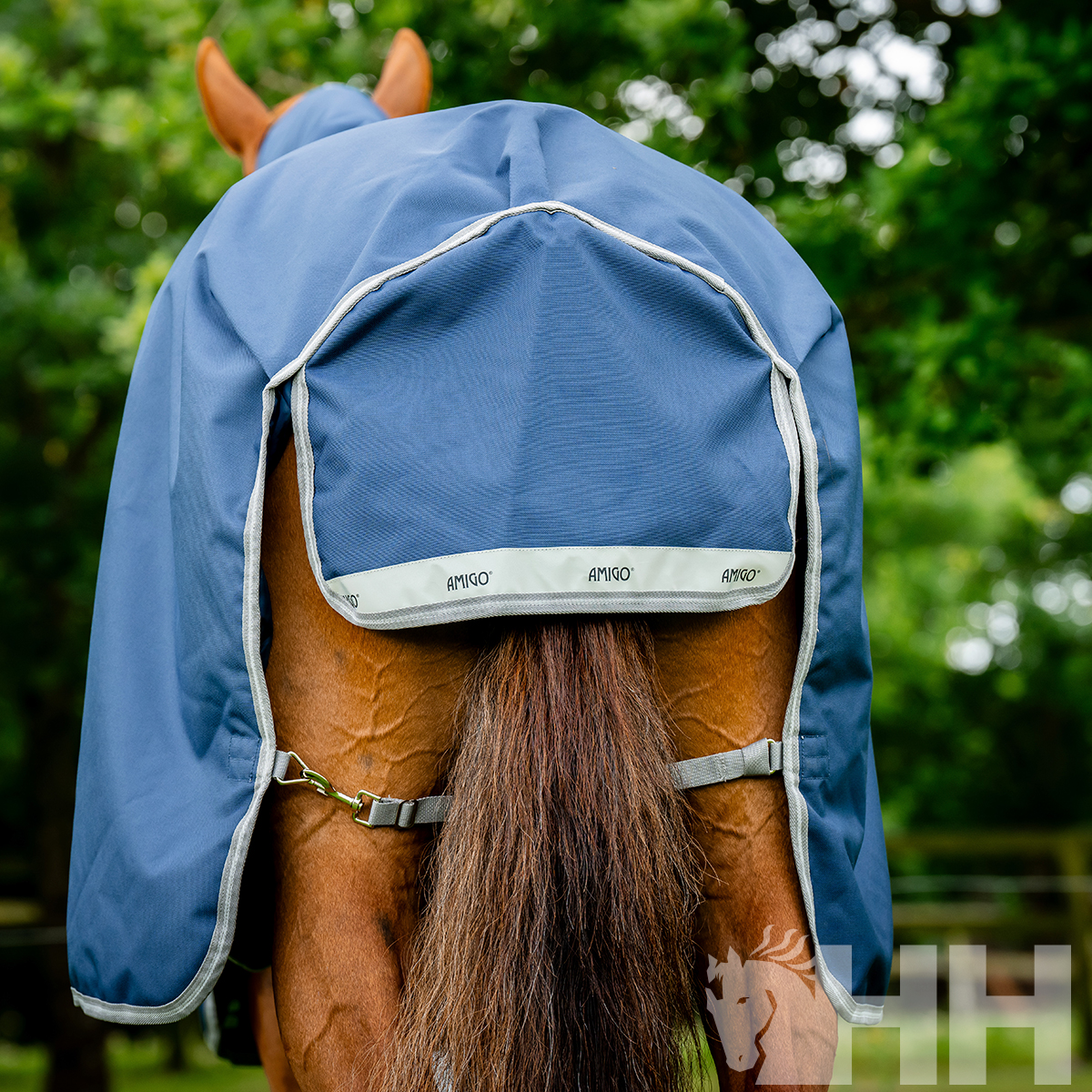 Cobertura azul para cauda de cavalo com bordas cinzentas e correia ajustável