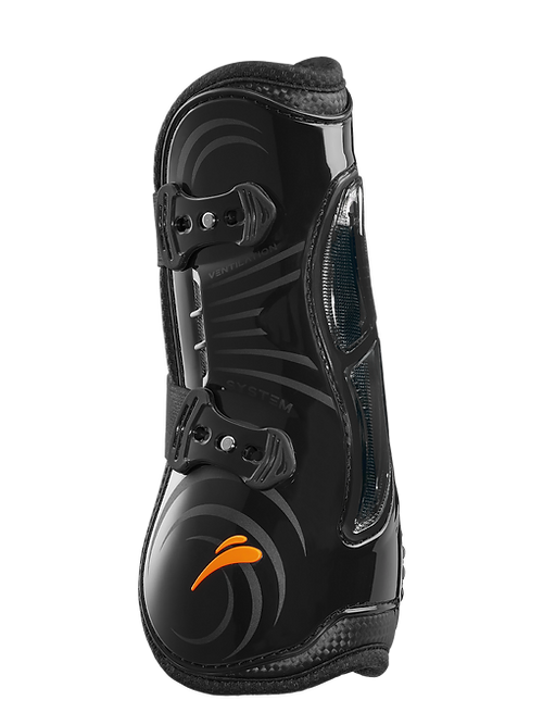 Protector para cavalo preto com fivelas e símbolo laranja