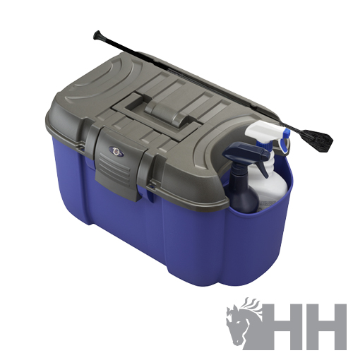 Caixa organizadora azul com tampa cinzenta e sprays