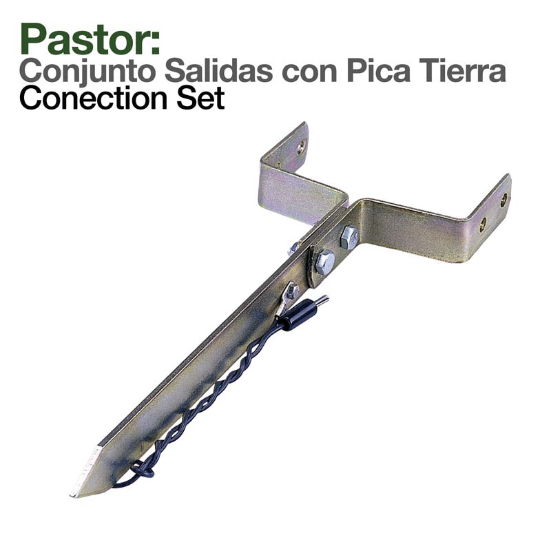 Conjunto metálico cinzento com suporte e ponta para terra, fio elétrico e texto