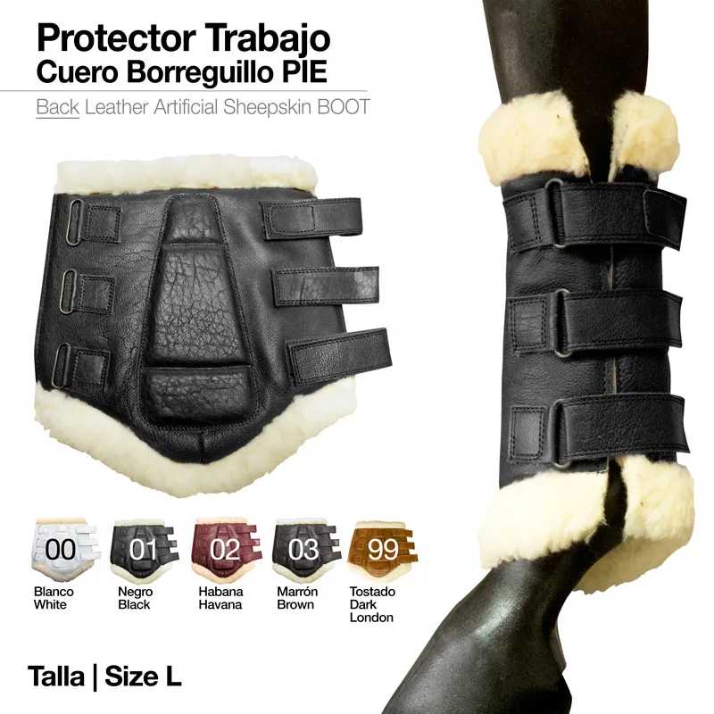 Protetor de trabalho em couro borreguillo preto com forro branco mostrado em perna de cavalo