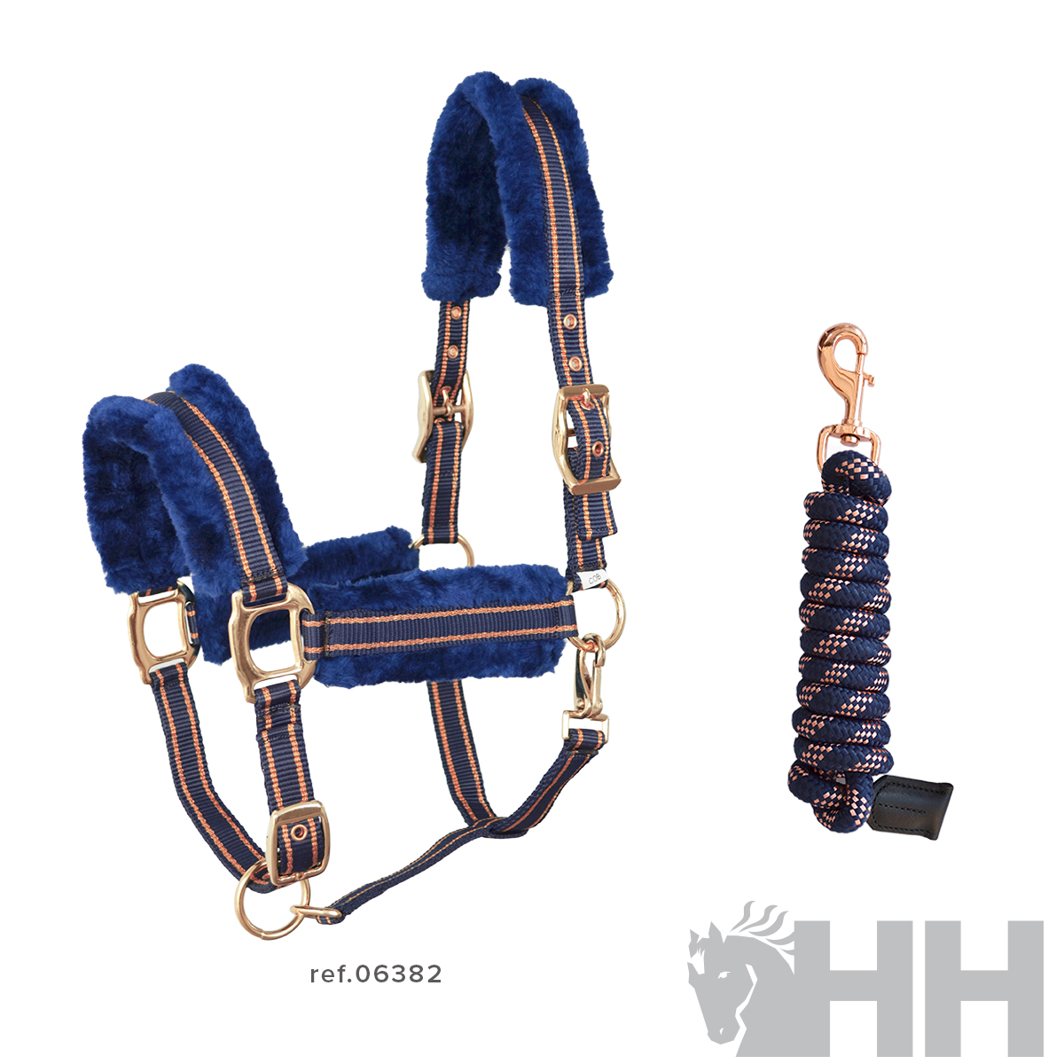 Cabresto azul escuro para cavalo com guia azul e fecho metálico