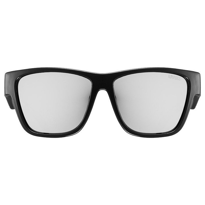 Óculos de sol pretos com lentes espelhadas e marca uvex