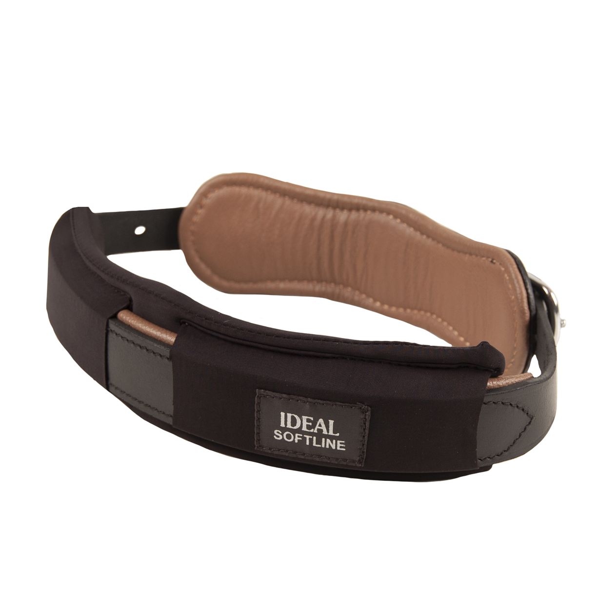 Correia para instrumento musical preta com acolchoado castanho e etiqueta IDEAL SOFTLINE