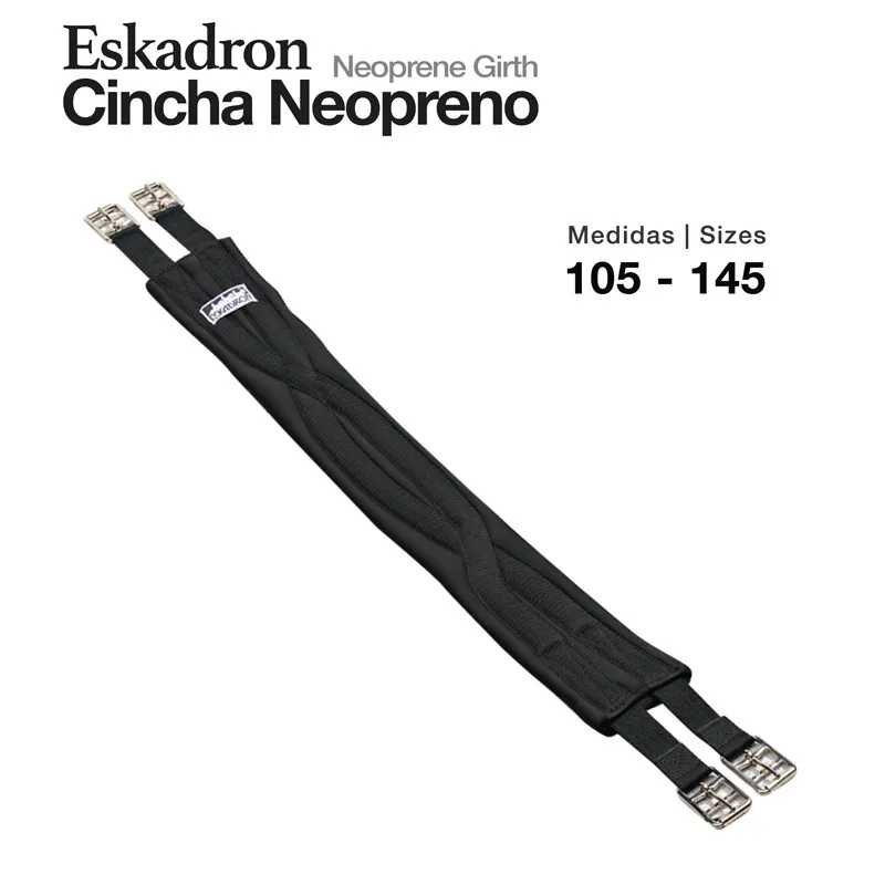 Cincha neopreno preta com fivelas metálicas e texto Eskadron Cincha Neopreno com medidas 105-145