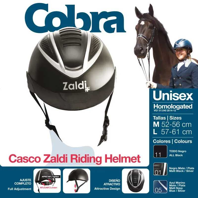 Capacete de equitação Zaldi Cobra preto e prateado com informações de tamanho e design