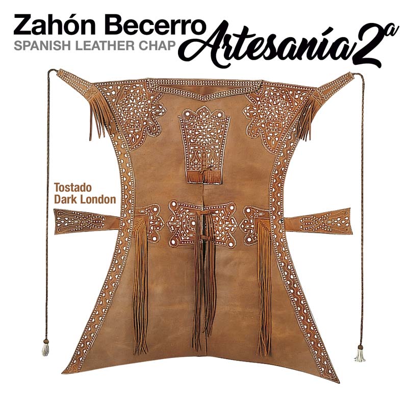 Zahón Becerro em pele espanhola cor Tostado Dark London com franjas e padrões recortados.