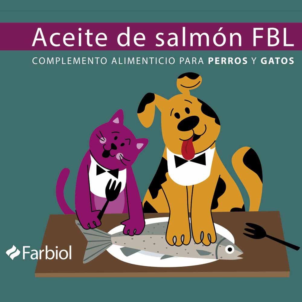 Rótulo de suplemento alimentar para cães e gatos com imagem de gato e cão junto a peixe num prato